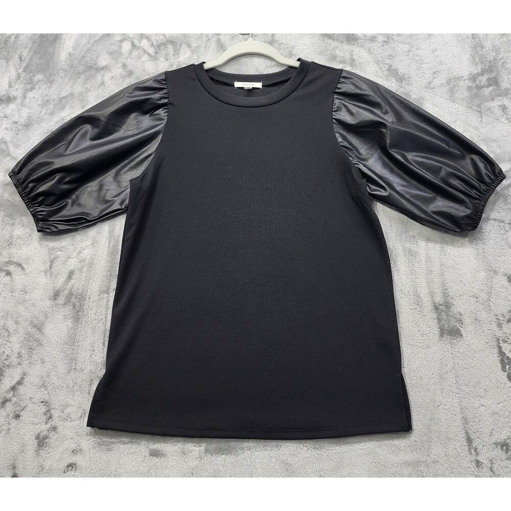 Maurices‎ Top Womens XS Black Faux Leather Short Puff Sleeves Crew Neck Pullover